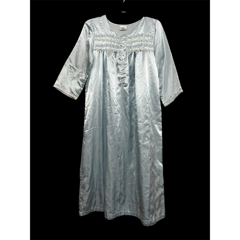Vtg Sears Fundamental Nightgown Liquid Satin Sz S Blue Lace Embroidery Granny